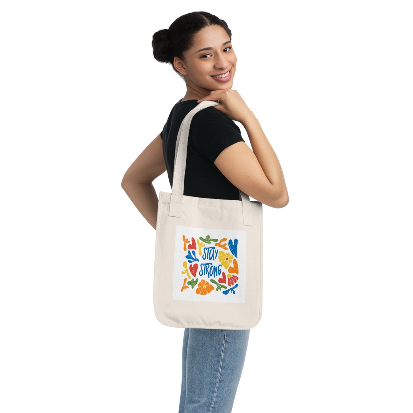 Stay Strong Organic Canvas Tote Bag, Reusable Shopping Bag, Eco-Friendly Gift, Motivational Tote, Flower Print Bag, Sustainable Fashion