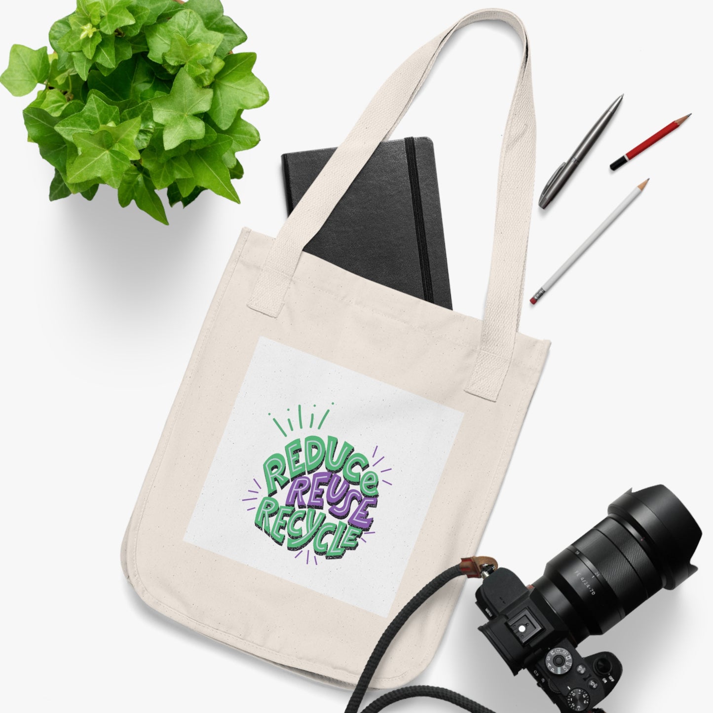 Eco-Friendly Reusable Tote Bag, Reduce Reuse Recycle Shopper, Sustainable Grocery Bag, Earth Day Gift, Green Living Accessory
